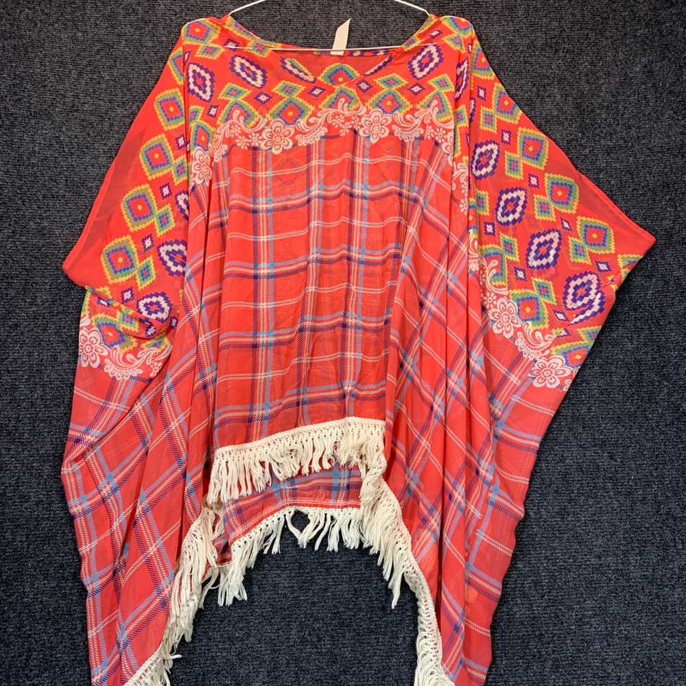 Candy Rose VTG Poncho Sheer Kimono M/L Indie Plaid Boho Fringe Aztec Southwest